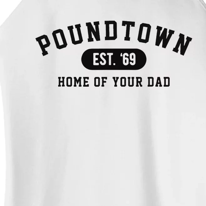 Poundtown Home Of Your Dad Funny Trendy Est 69 Women’s Perfect Tri Rocker Tank