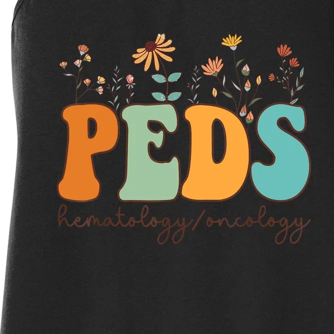 Pediatric Hematology Oncology Nurse Retro Groovy Wildflowers Women's Racerback Tank