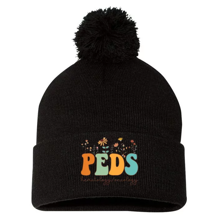 Pediatric Hematology Oncology Nurse Retro Groovy Wildflowers Pom Pom 12in Knit Beanie