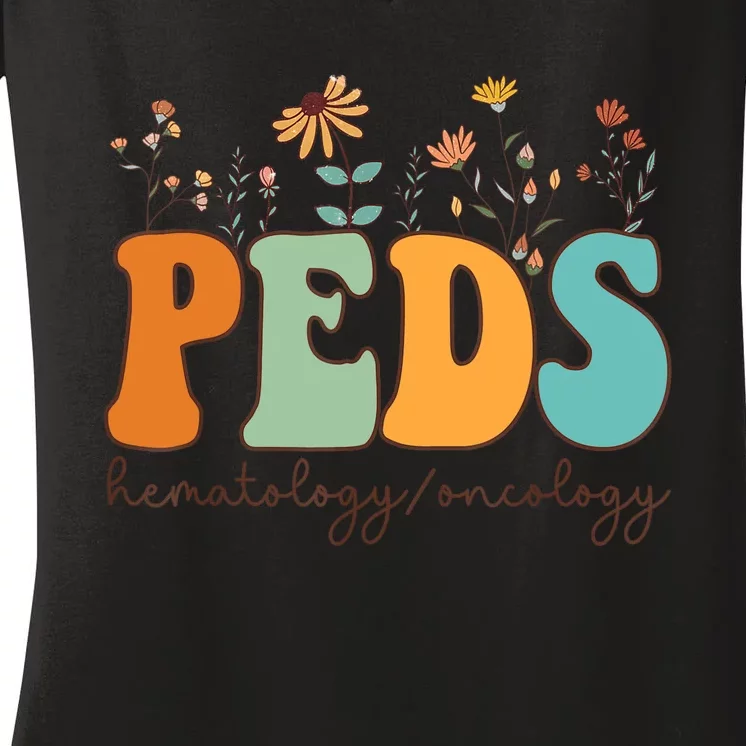 Pediatric Hematology Oncology Nurse Retro Groovy Wildflowers Women's V-Neck T-Shirt