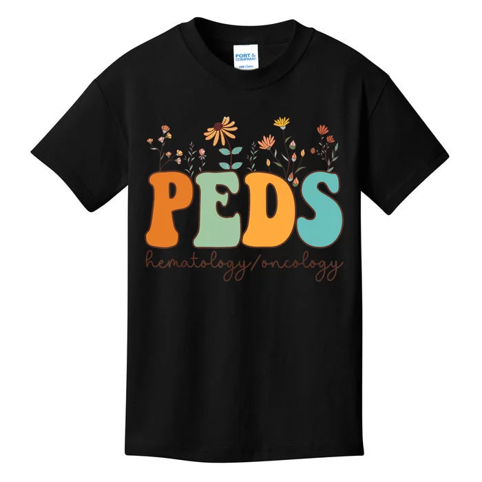 Pediatric Hematology Oncology Nurse Retro Groovy Wildflowers Kids T-Shirt