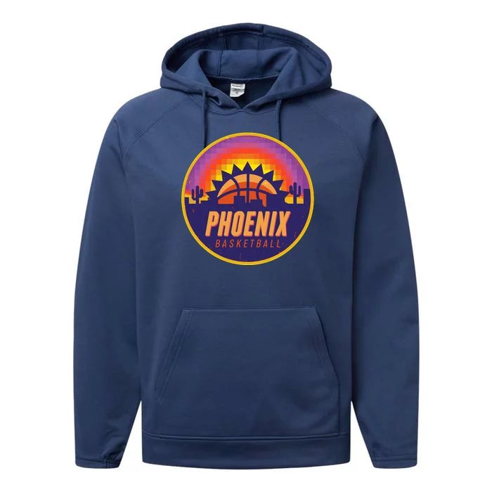 Phoenix Basketball Retro Logo Pixel Sunset Performance Fleece Hoodie