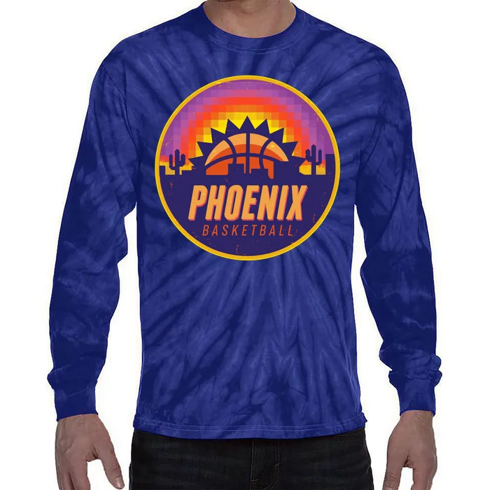 Phoenix Basketball Retro Logo Pixel Sunset Tie-Dye Long Sleeve Shirt