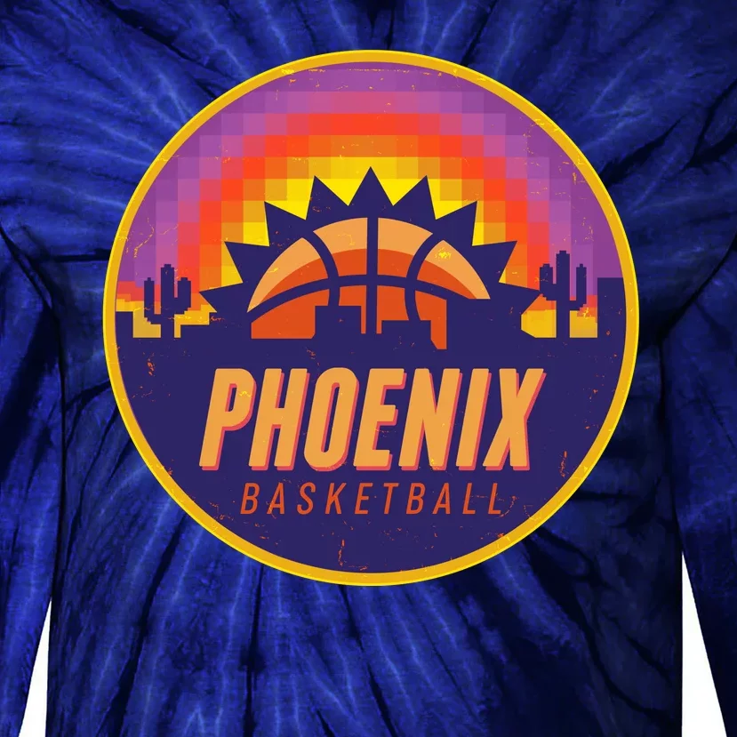 Phoenix Basketball Retro Logo Pixel Sunset Tie-Dye Long Sleeve Shirt