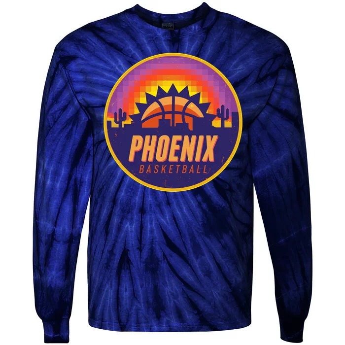 Phoenix Basketball Retro Logo Pixel Sunset Tie-Dye Long Sleeve Shirt