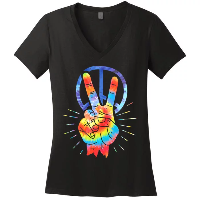 Peace Hand Peace Sign Tie Dye Women's V-Neck T-Shirt