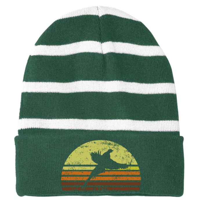 Pheasant Hunting South Dakota Upland Bird Game Hunter Retro Striped Beanie with Solid Band