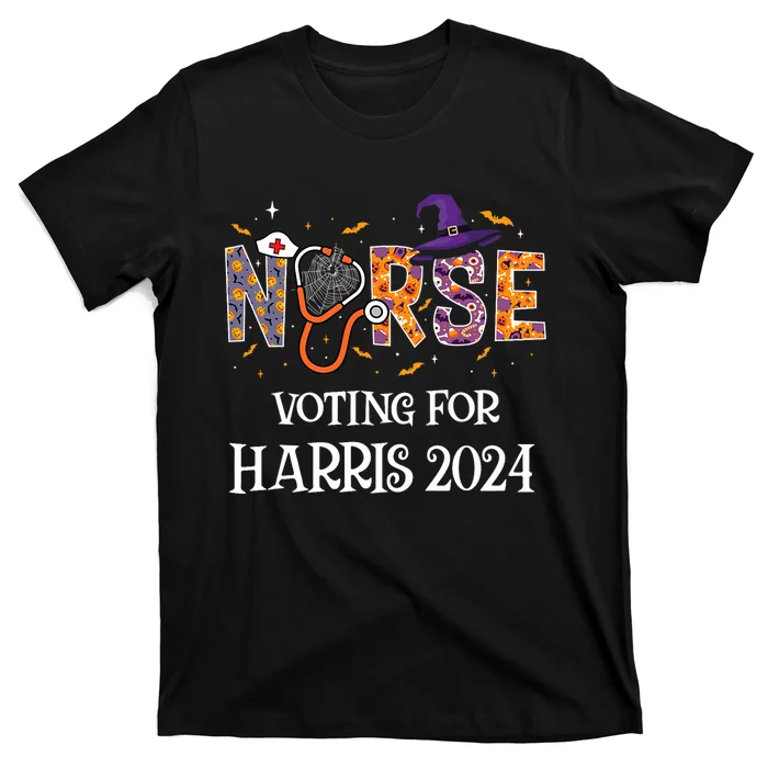 Political Halloween Spooky Nurse Voting For Harris 2024 T-Shirt