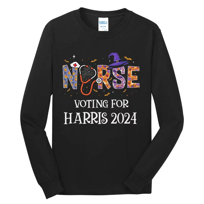 Political Halloween Spooky Nurse Voting For Harris 2024 Tall Long Sleeve T-Shirt