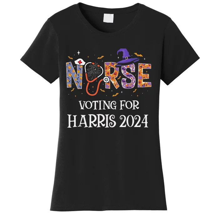 Political Halloween Spooky Nurse Voting For Harris 2024 Women's T-Shirt