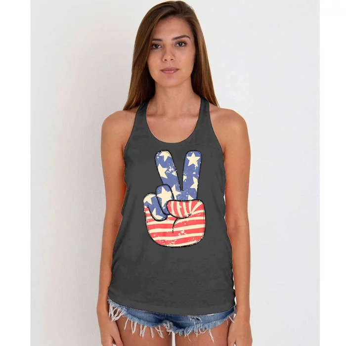 Peace Hand Sign 4th Of July American Flag Independence Women's Knotted Racerback Tank