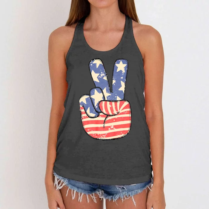 Peace Hand Sign 4th Of July American Flag Independence Women's Knotted Racerback Tank