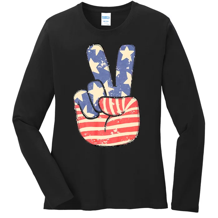 Peace Hand Sign 4th Of July American Flag Independence Ladies Long Sleeve Shirt