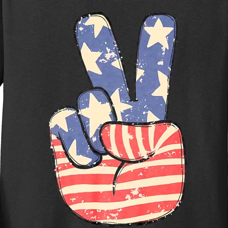 Peace Hand Sign 4th Of July American Flag Independence Kids Long Sleeve Shirt