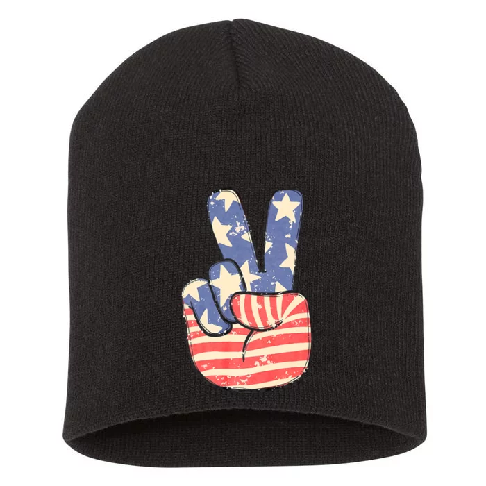 Peace Hand Sign 4th Of July American Flag Independence Short Acrylic Beanie