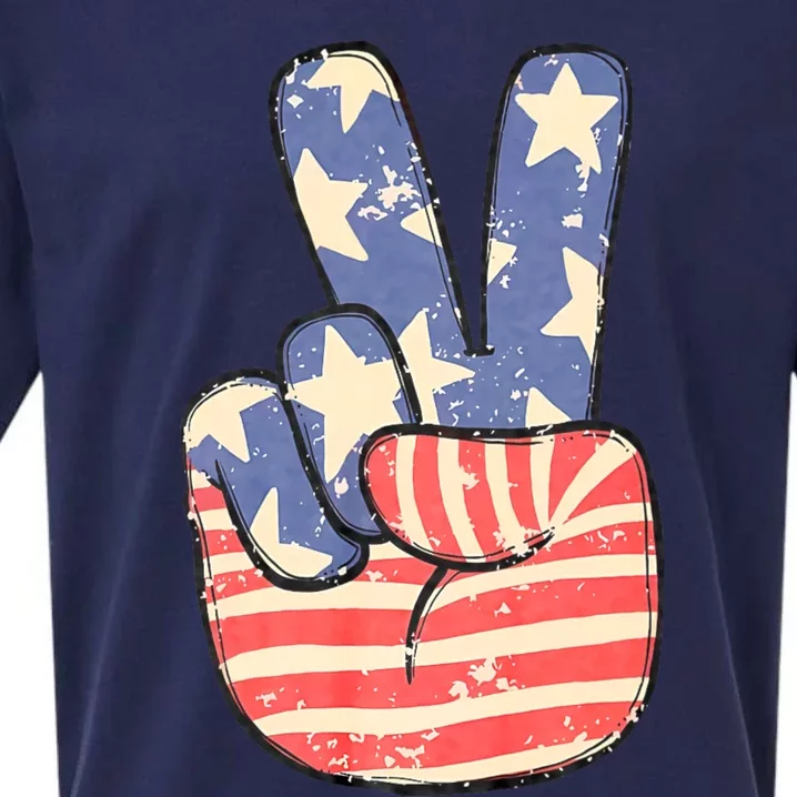 Peace Hand Sign 4th Of July American Flag Independence Sueded Cloud Jersey T-Shirt