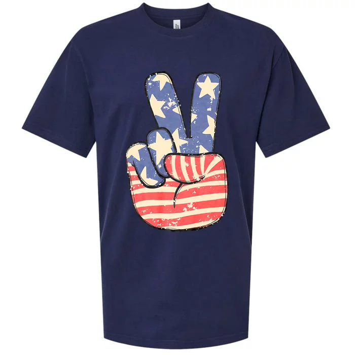 Peace Hand Sign 4th Of July American Flag Independence Sueded Cloud Jersey T-Shirt