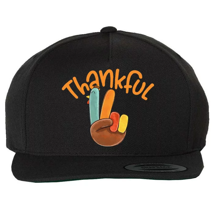 Peace Hand Sign Thankful Turkey Thanksgiving Wool Snapback Cap