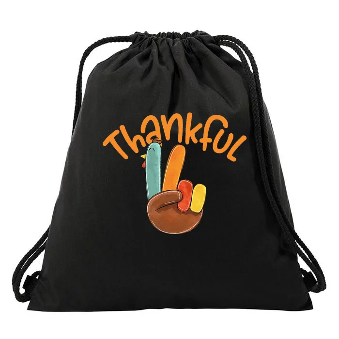 Peace Hand Sign Thankful Turkey Thanksgiving Drawstring Bag