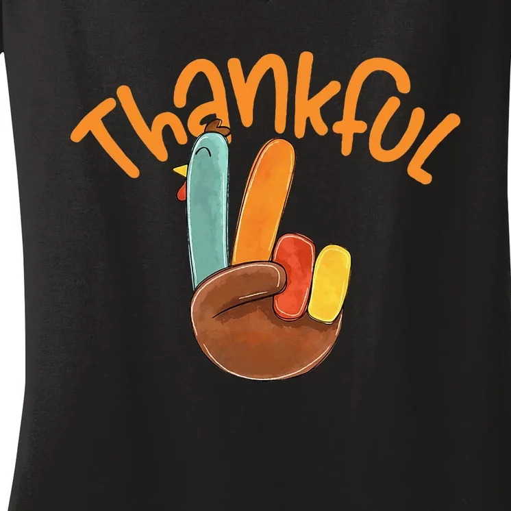 Peace Hand Sign Thankful Turkey Thanksgiving Women's V-Neck T-Shirt