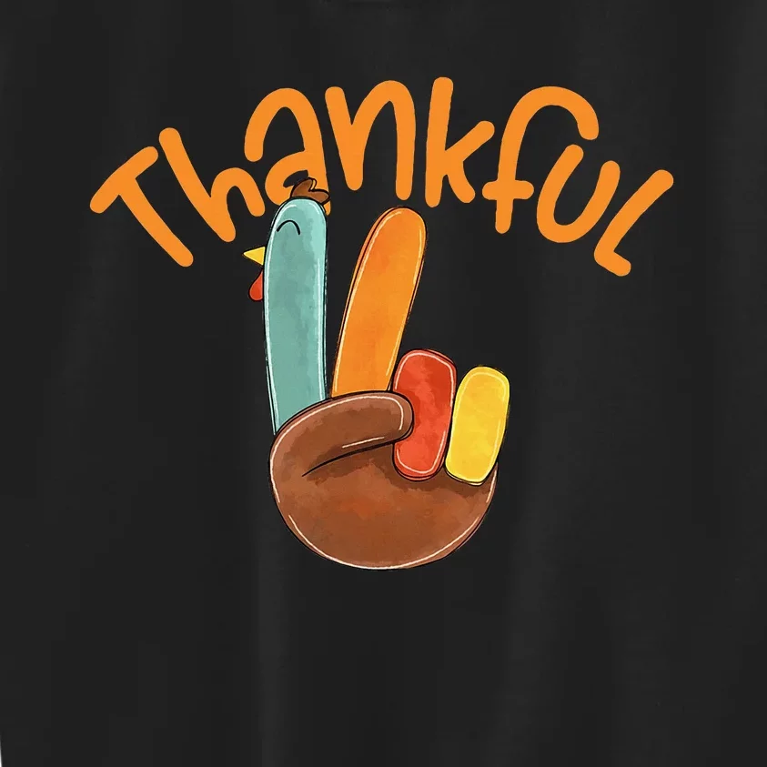 Peace Hand Sign Thankful Turkey Thanksgiving Kids Sweatshirt