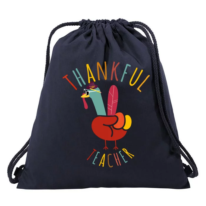 Peace Hand Sign Turkey Funny Thankful Teacher Thanksgiving Drawstring Bag