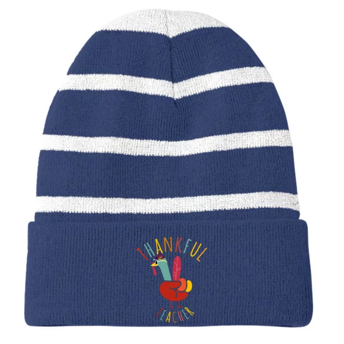 Peace Hand Sign Turkey Funny Thankful Teacher Thanksgiving Striped Beanie with Solid Band