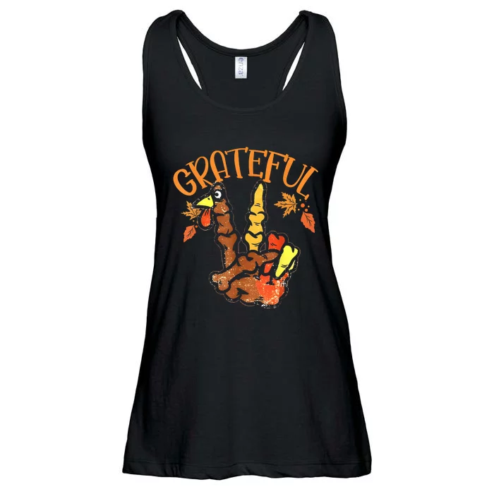 Peace Hand Sign Grateful Turkey Thanksgiving Ladies Essential Flowy Tank