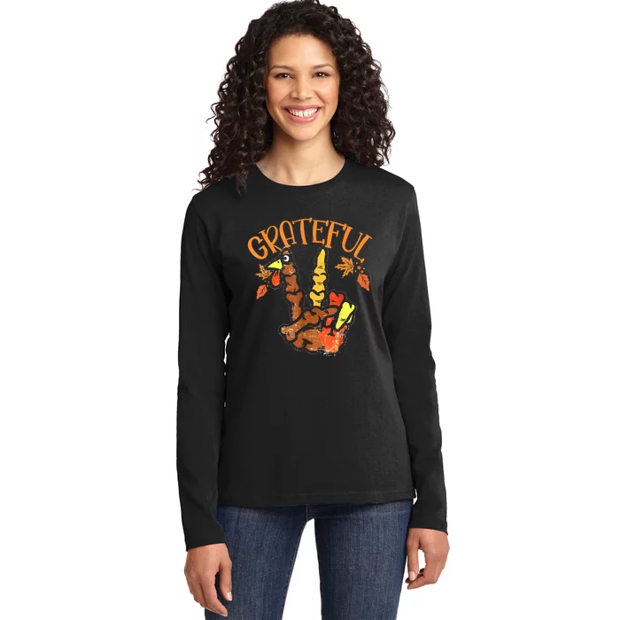 Peace Hand Sign Grateful Turkey Thanksgiving Ladies Long Sleeve Shirt