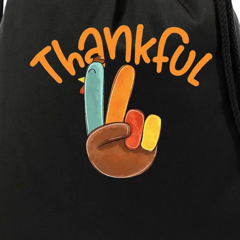 Peace Hand Sign Thankful Turkey Thanksgiving Drawstring Bag