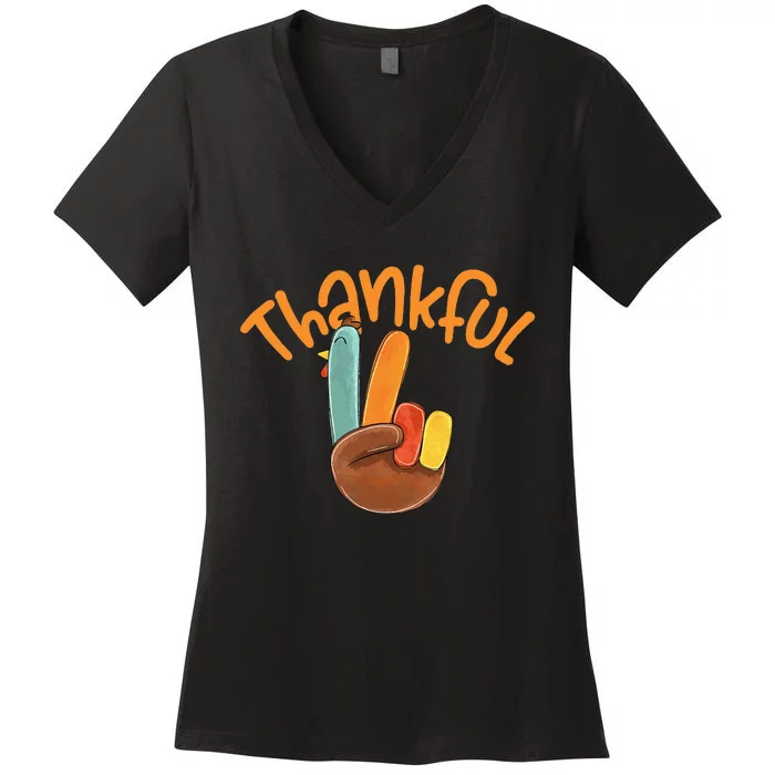 Peace Hand Sign Thankful Turkey Thanksgiving Women's V-Neck T-Shirt