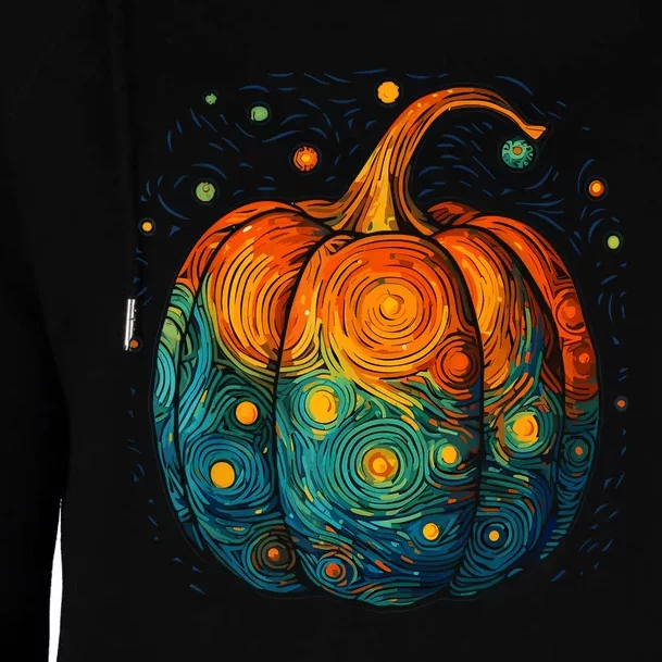 Pumpkin Halloween Starry Night Van Gogh Aesthetic Painting Womens Funnel Neck Pullover Hood