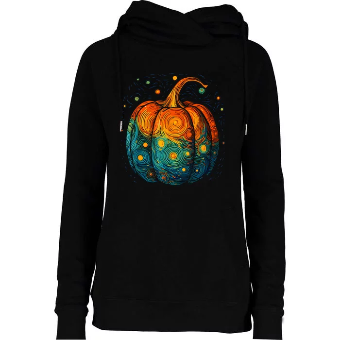 Pumpkin Halloween Starry Night Van Gogh Aesthetic Painting Womens Funnel Neck Pullover Hood