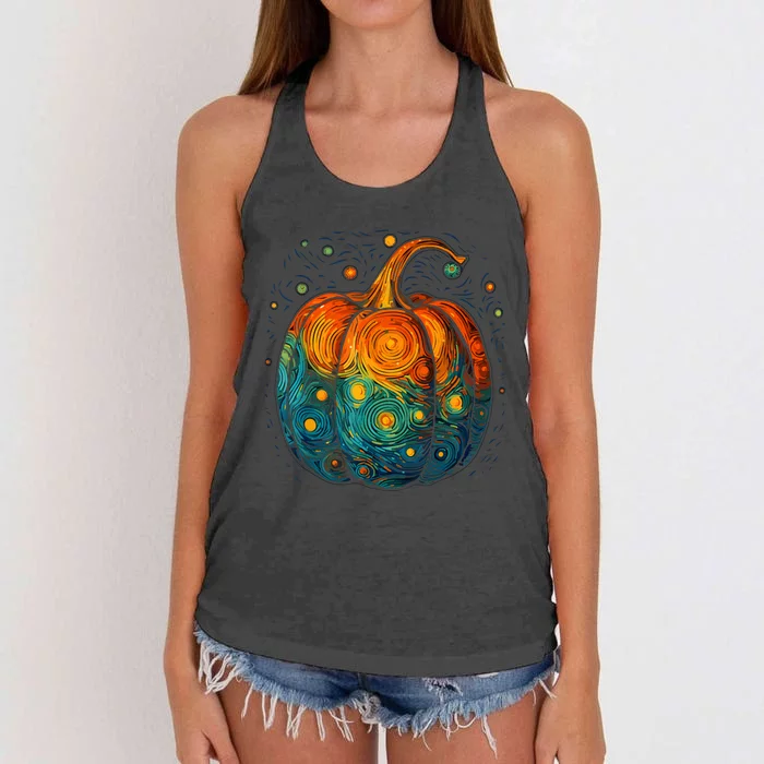 Pumpkin Halloween Starry Night Van Gogh Aesthetic Painting Women's Knotted Racerback Tank