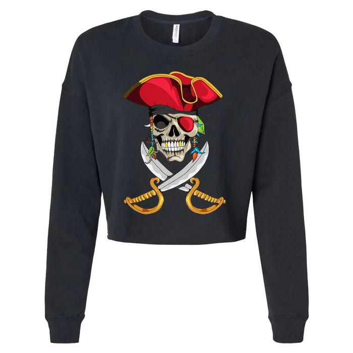 Pirate Head Skull With Pirate Hat Crossed Sword Cropped Pullover Crew