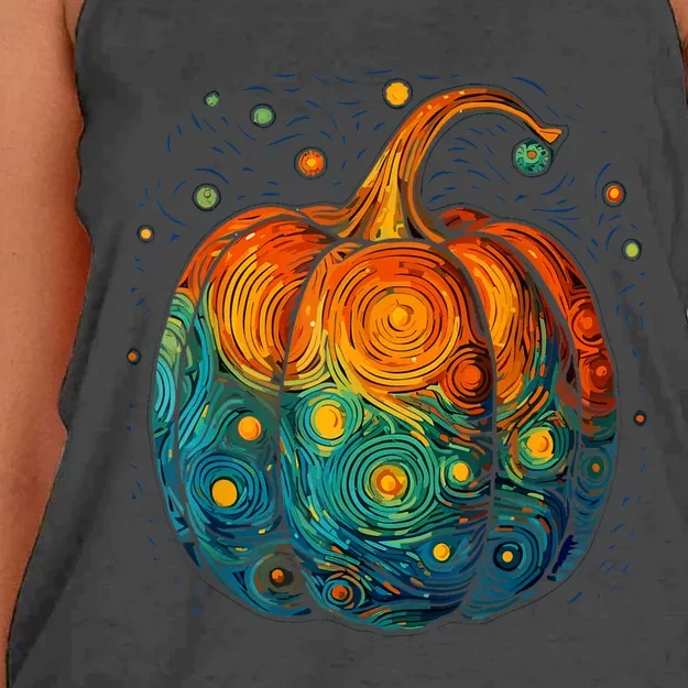 Pumpkin Halloween Starry Night Van Gogh Aesthetic Painting Women's Knotted Racerback Tank