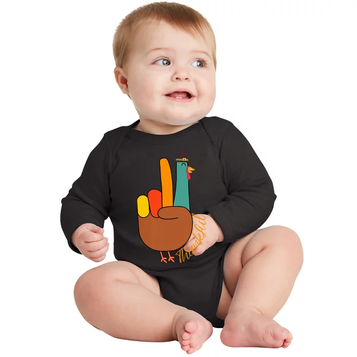 Peace Hand Sign Thankful Turkey Thanksgiving Baby Long Sleeve Bodysuit