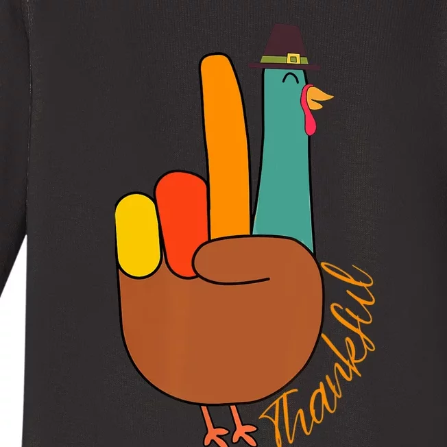 Peace Hand Sign Thankful Turkey Thanksgiving Baby Long Sleeve Bodysuit