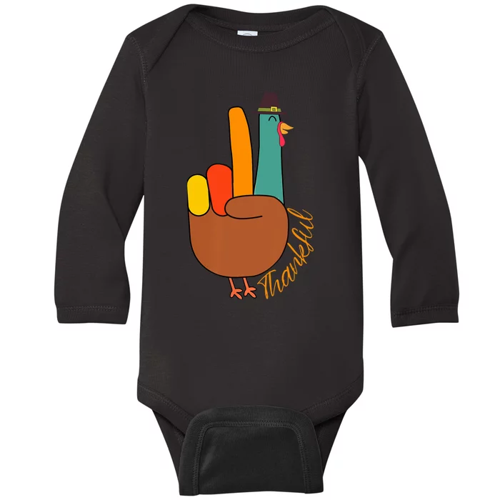 Peace Hand Sign Thankful Turkey Thanksgiving Baby Long Sleeve Bodysuit