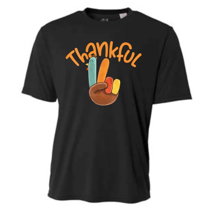 Peace Hand Sign Thankful Turkey Thanksgiving Cooling Performance Crew T-Shirt