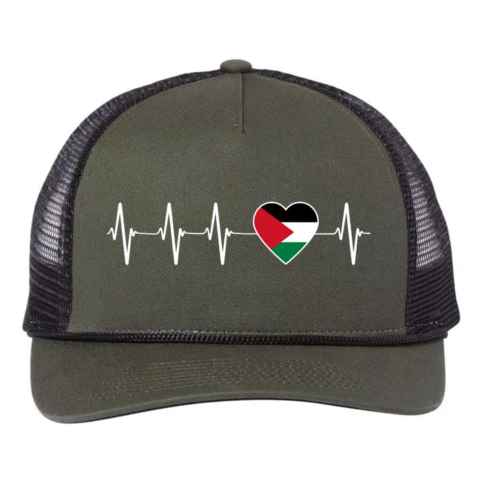 Palestinian Heartbeat Support I Love Palestine Flag Gift Retro Rope Trucker Hat Cap