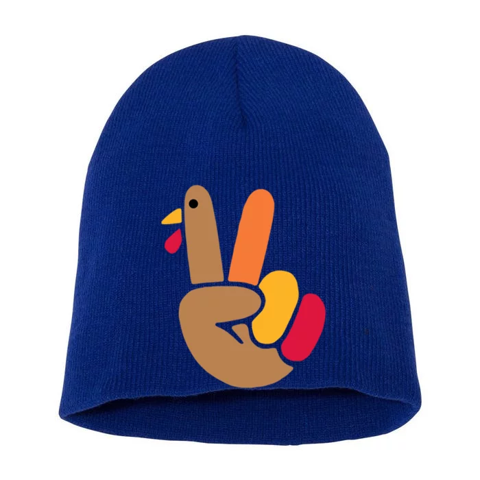 Peace Hand Turkey Design For Ugly Thanksgiving Sweater Idea Gift Short Acrylic Beanie