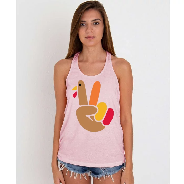 Peace Hand Turkey Design For Ugly Thanksgiving Funny Idea Funny Women's Knotted Racerback Tank