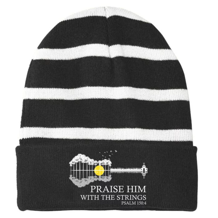 Praise Him With The Strings Christian Guitar Player Striped Beanie with Solid Band