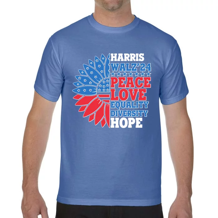 Patriotic Harris Walz Peace Love Equality Diversity Hope 2024 Usa Sunflower Comfort Colors T-Shirt