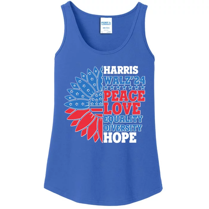 Patriotic Harris Walz Peace Love Equality Diversity Hope 2024 Usa Sunflower Ladies Essential Tank