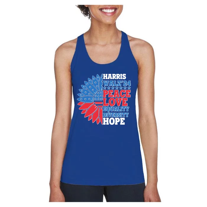 Patriotic Harris Walz Peace Love Equality Diversity Hope 2024 Usa Sunflower Women's Racerback Tank