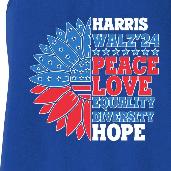 Patriotic Harris Walz Peace Love Equality Diversity Hope 2024 Usa Sunflower Women's Racerback Tank