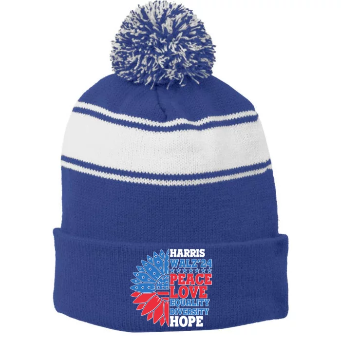 Patriotic Harris Walz Peace Love Equality Diversity Hope 2024 Usa Sunflower Stripe Pom Pom Beanie