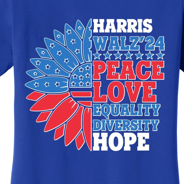 Patriotic Harris Walz Peace Love Equality Diversity Hope 2024 Usa Sunflower Women's T-Shirt